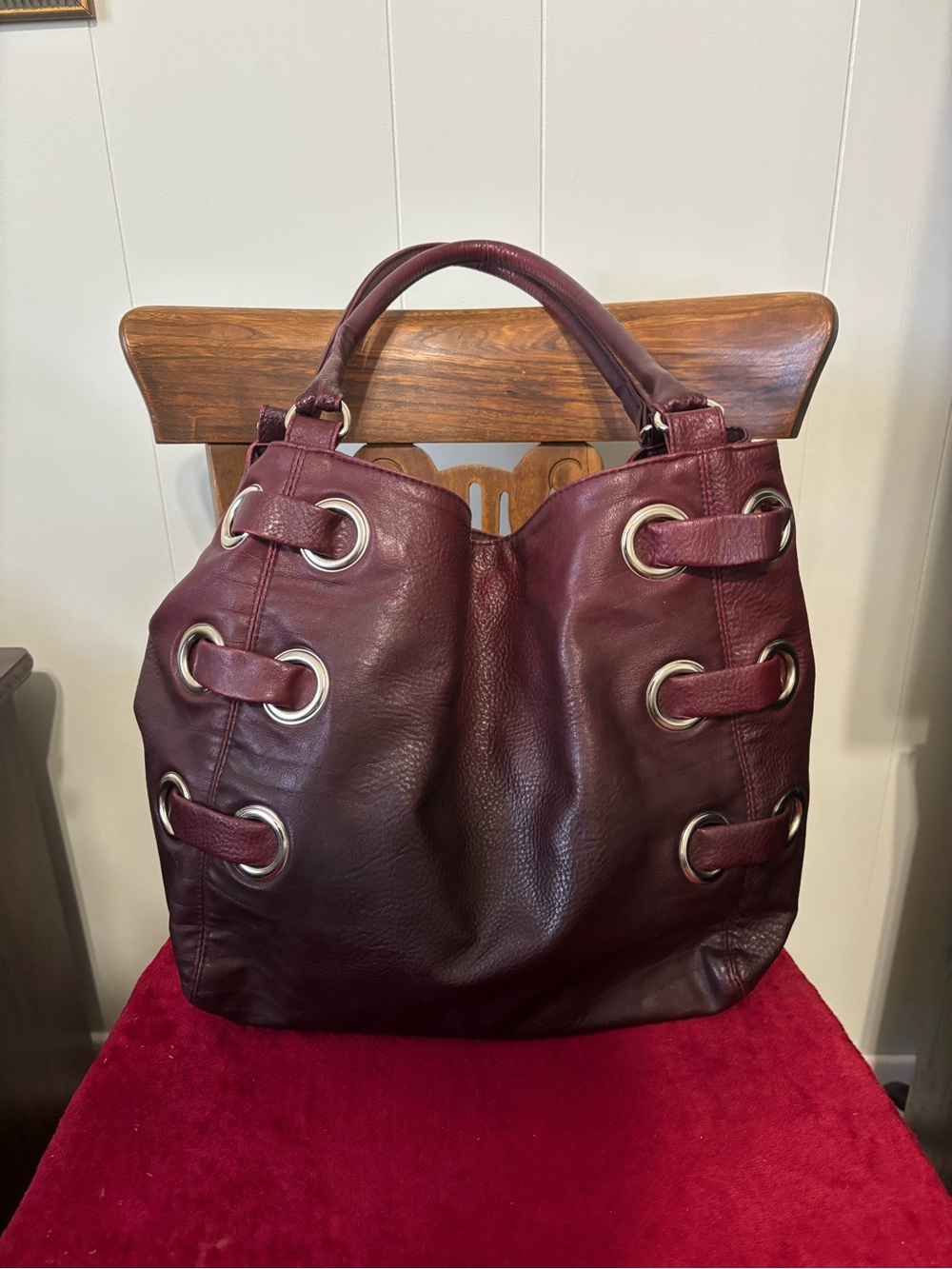 Women's Burgundy ombré faux Leather Shoulder Bag with Grommet Detail
